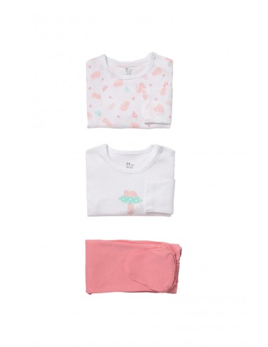 Ensemble 3 pièces Blanc, saumon et rose : 2 Bodys ML et 1 pantalon à pieds le des métaux précieux