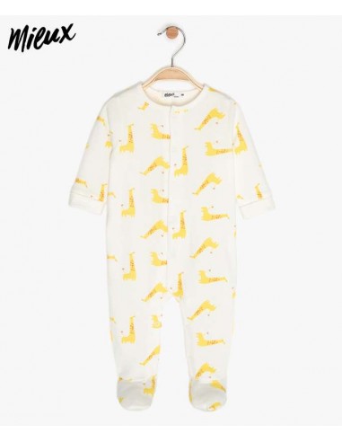 Grenouillère blanc et jaune en coton bio texturé motif girafes suggérées chez